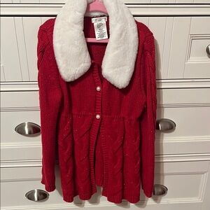 Red Cable Knit Sweater jacket with Faux Fur Collar